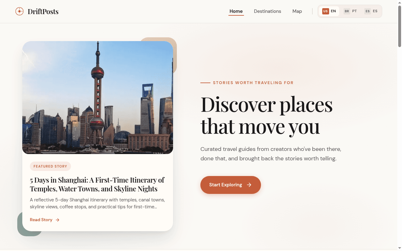 DriftPosts homepage with a travel story and destination discovery